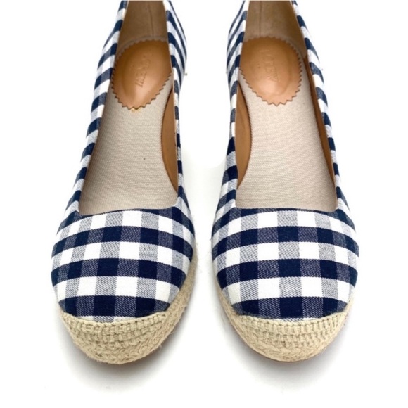 J.CREW Gingham Check Canvas Espadrilles Wedge Heel Blue / White Size 9.5 # E8117 - Picture 3 of 11